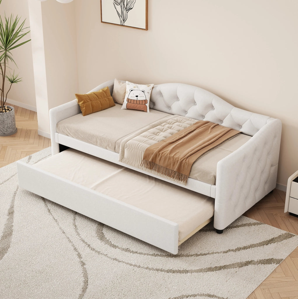 Daybett 90x200 cm con letto estraibile, beige, in lino e MDF