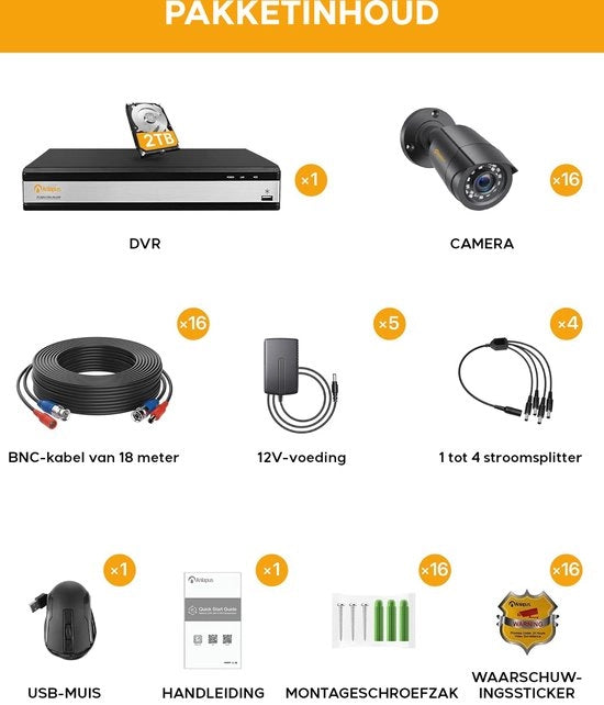 Kit di Sicurezza Esterna - Set da 16 - Sistema di Sicurezza per la Casa con Camera Wifi - Disco Rigido 2TB - Sistema di Sicurezza per la Casa con Visibilità Notturna