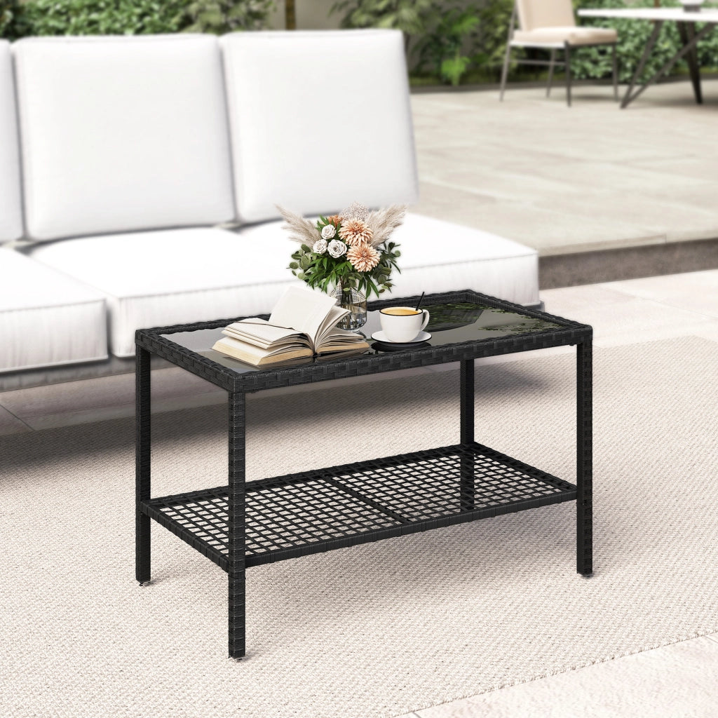 Tavolino da Caff¨¨ a 2 livelli con Piano in Vetro Temperato e Ripiano, in Acciaio e Rattan, 92x50x45 cm, Nero