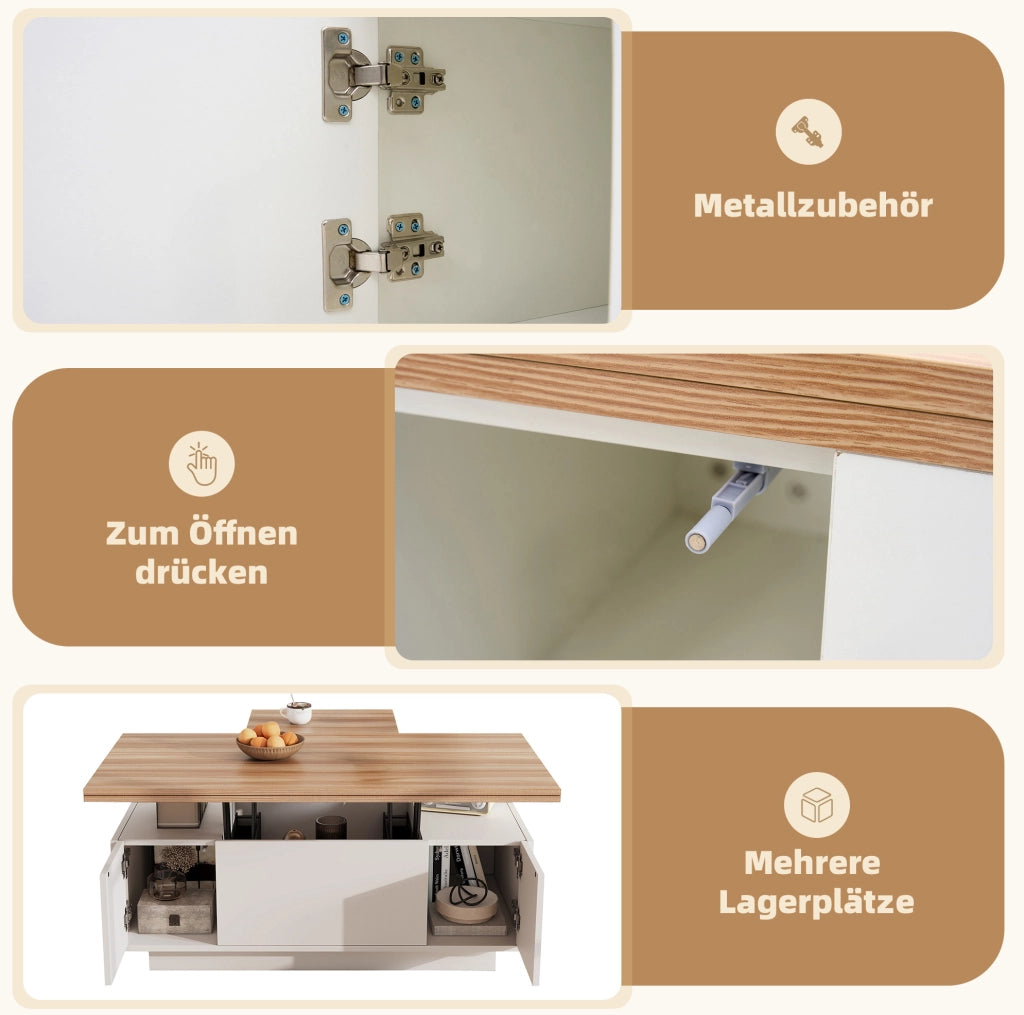 Tavolino da salotto con doppio piano sollevabile e vano contenitore; 100 x 50 x 55;5 cm; bianco e legno