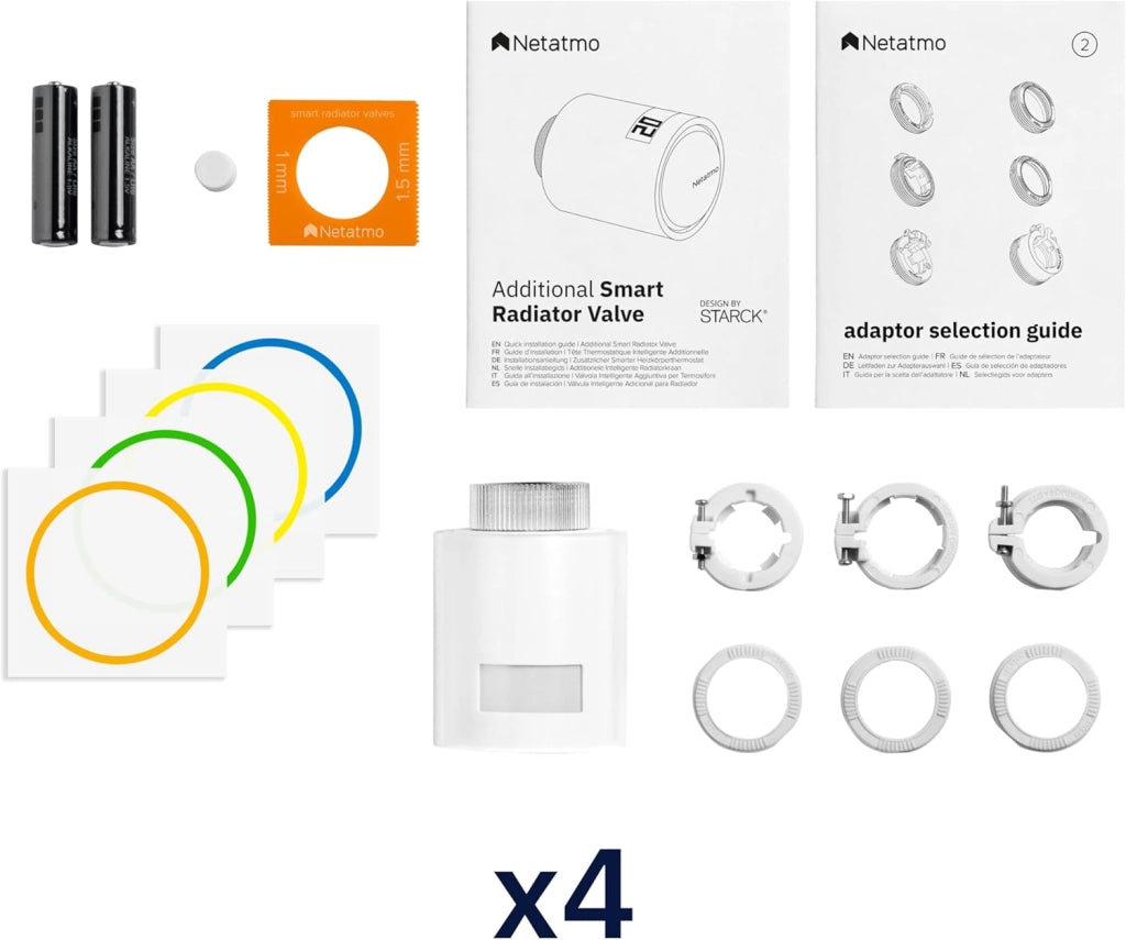 Pack 4 Valvole Termostatiche WiFi, Controllo Remoto, Risparmio Energetico, Accessorio per Radiatori, Compatibile con Alexa e HomeKit, Installazione Facile, NBU-4-NAV-EU