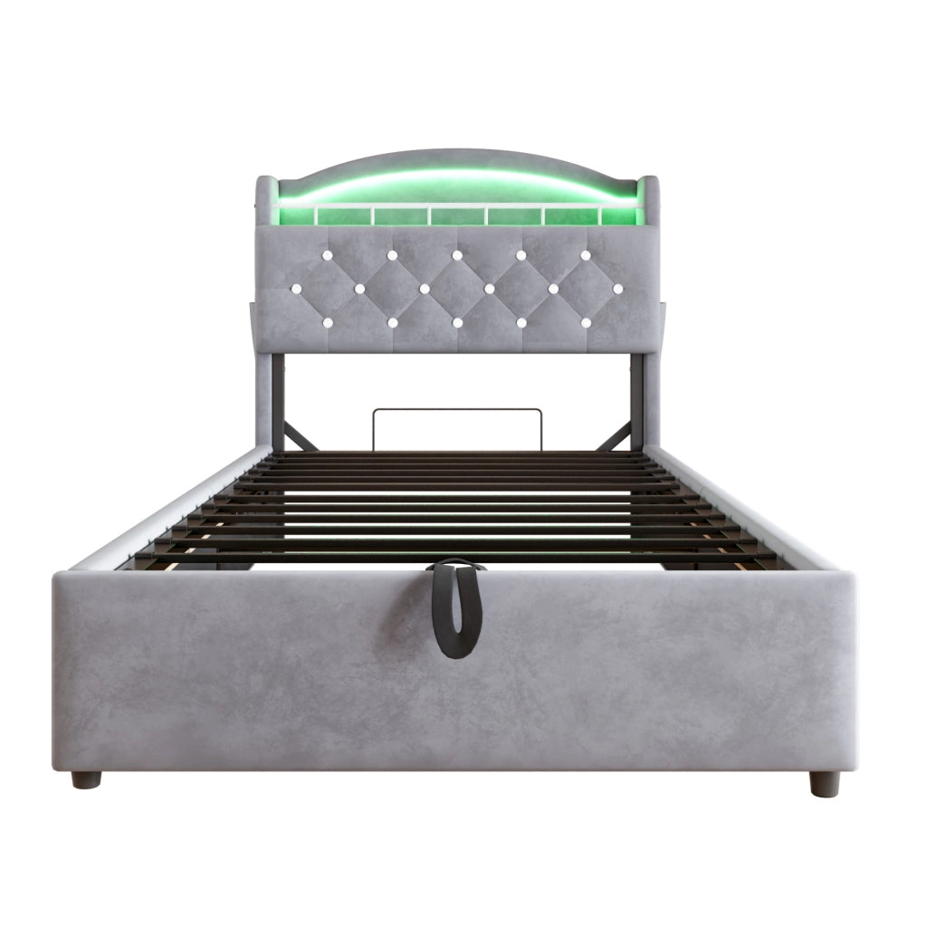 Letto imbottito per bambini ULEVR 90x200 cm con contenitore a gas, LED, USB e Type-C, velluto grigio