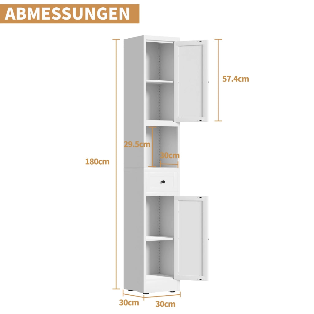 Armadietto da bagno in metallo con 2 ante e 5 ripiani regolabili, autoportante, bianco, 30 × 30 × 180,34 cm