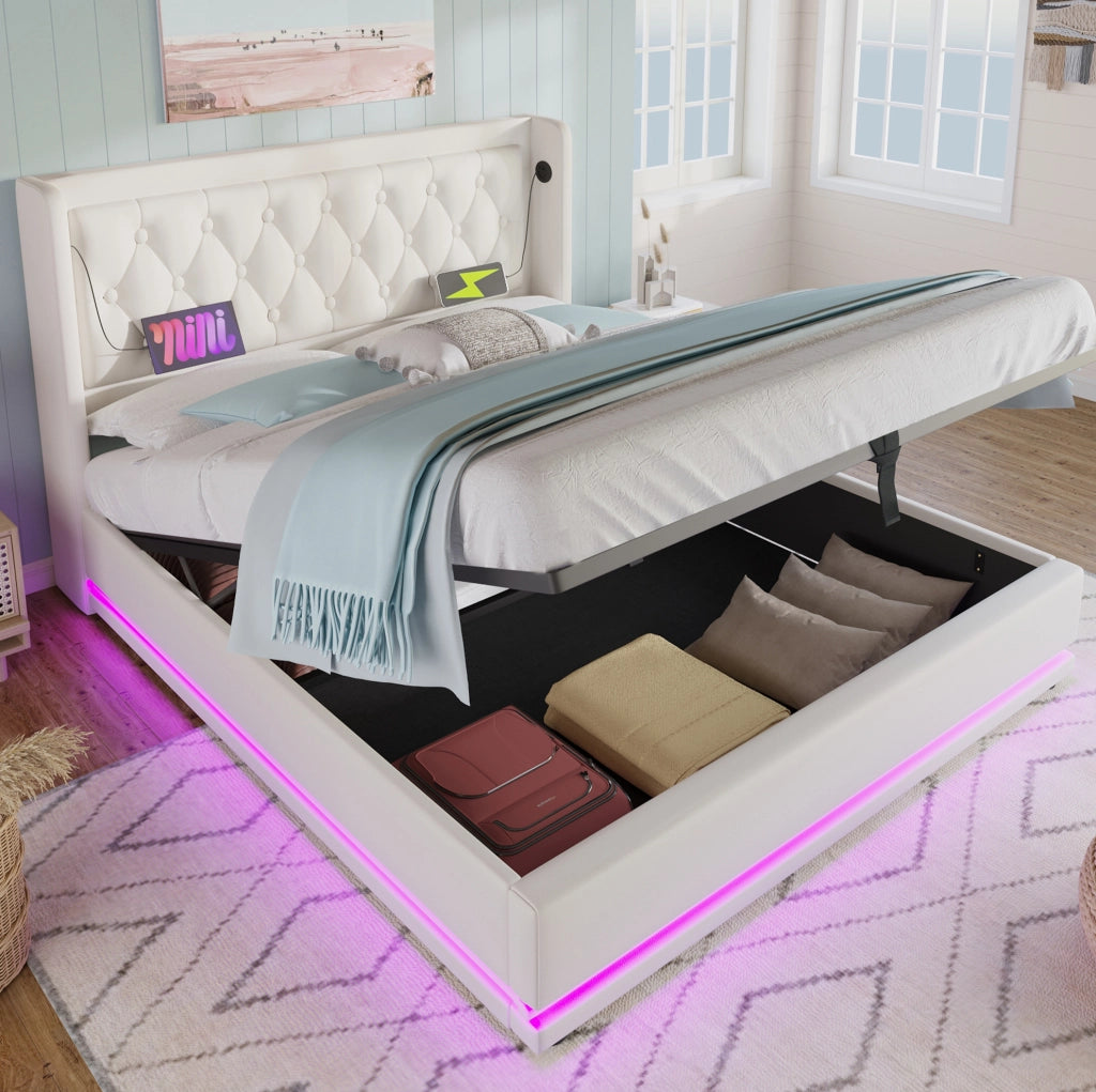 Letto matrimoniale contenitore 180x200 cm in PU bianco con testiera imbottita; USB Type-C e LED