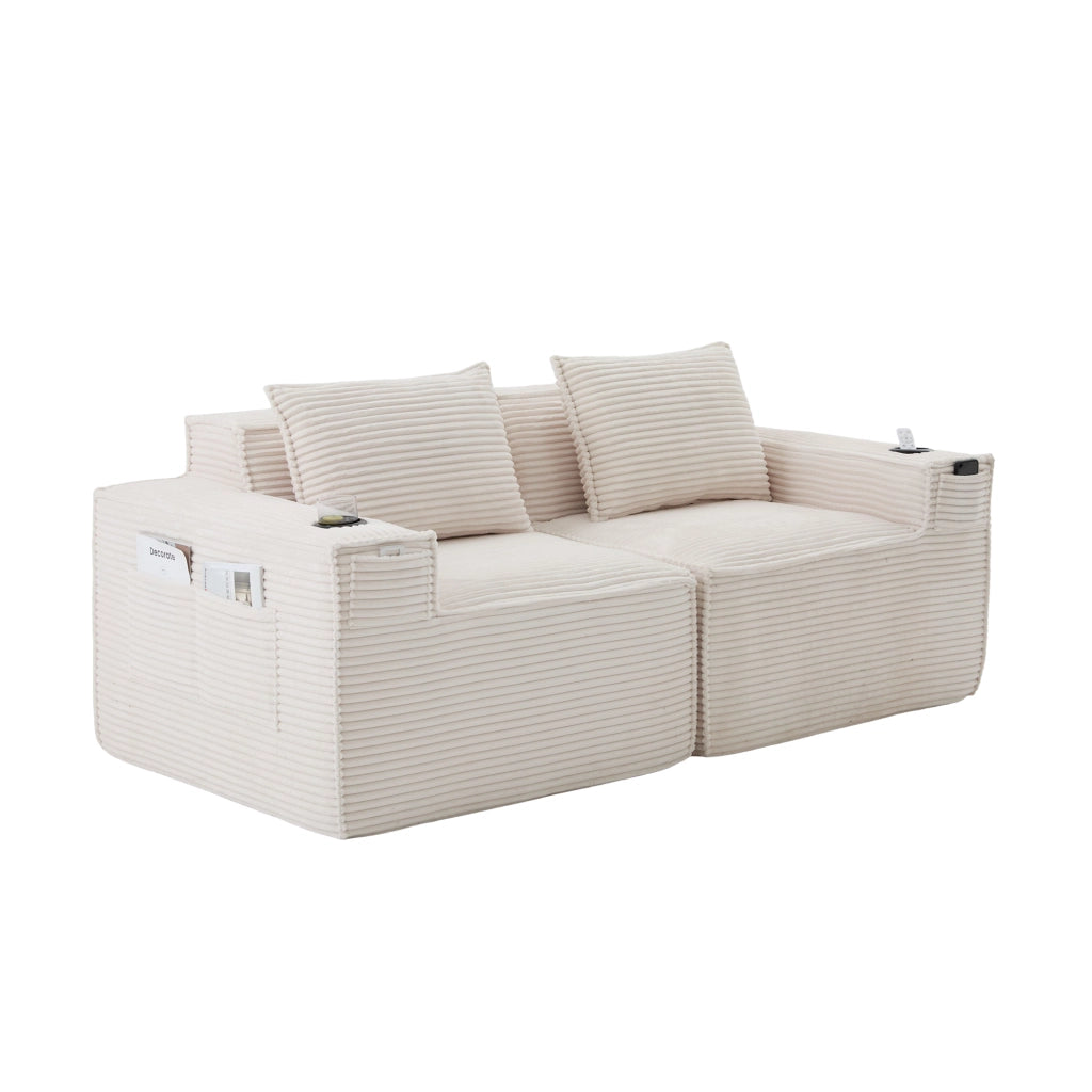 Divano modulare a 2 posti in corduroy beige con portabicchieri, tasche laterali e imbottitura in molle e schiuma