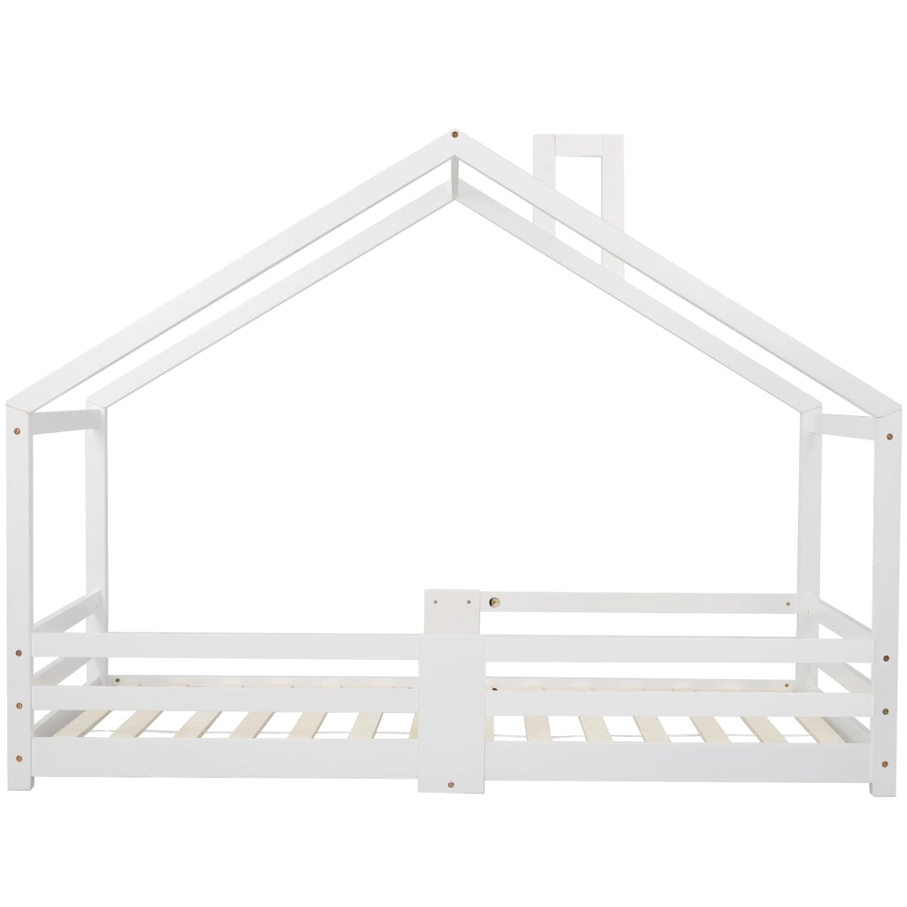 Letto a casetta per bambini 90x200 cm in legno massello, bianco, con sponde anticaduta e rete a doghe