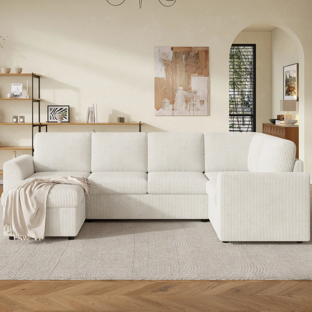 Divano Angolare con Poggiapiedi ¨C MINIMAL ¨C Velluto a Coste Beige, 282x85x153 cm