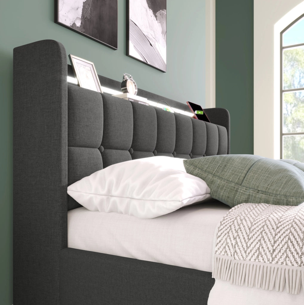 Letto singolo 90x200 cm con 2 cassetti; USB; prese e LED; grigio