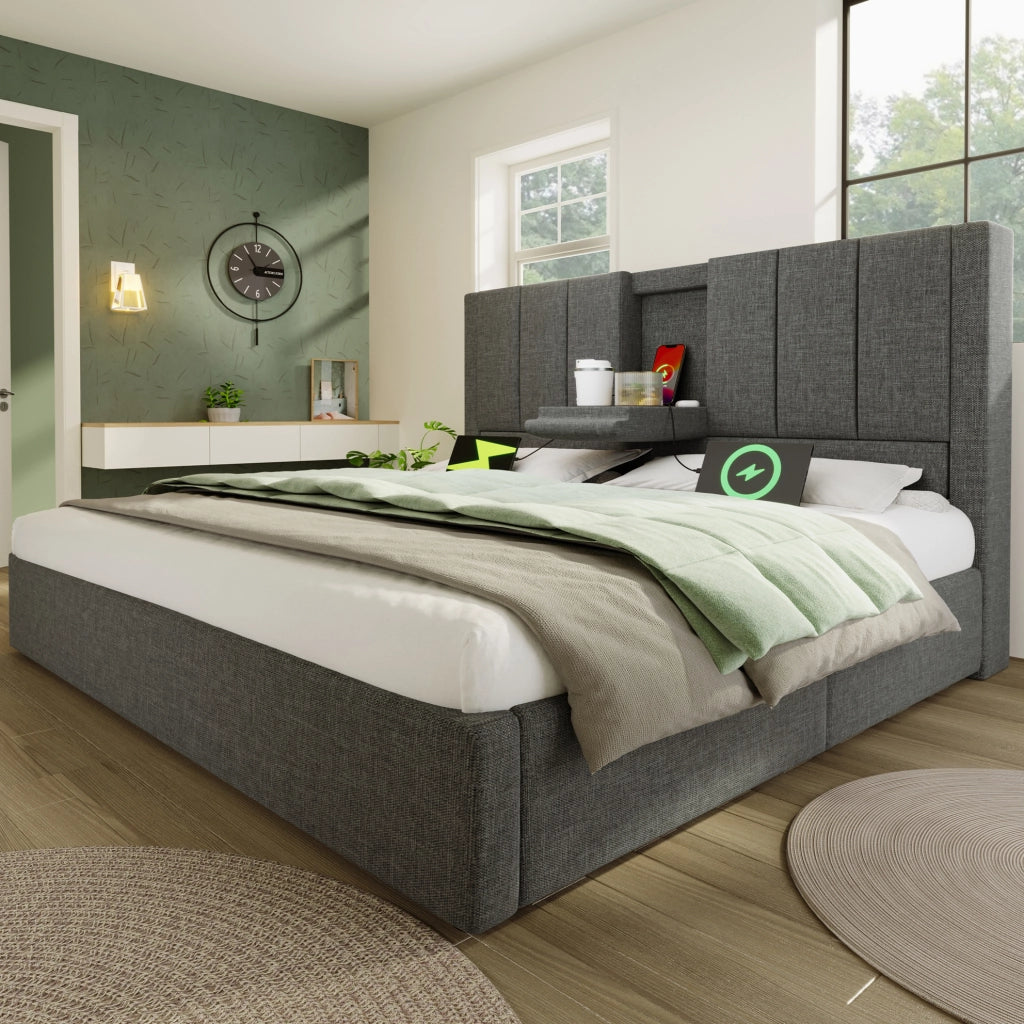 Letto imbottito 160x200 cm grigio con contenitore idraulico, USB e portabicchieri