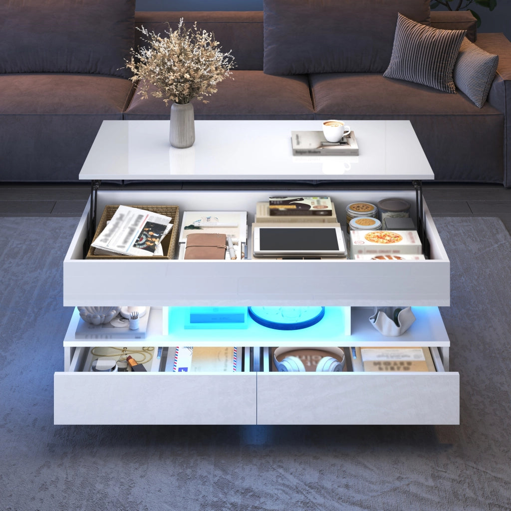 Tavolino basso sollevabile con LED, 2 cassetti e vani contenitore, per soggiorno, in truciolare, bianco 100 × 50 × 45 cm