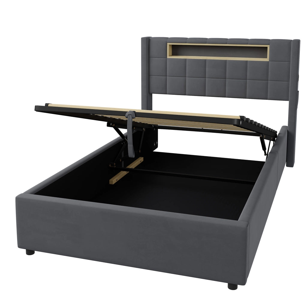 Letto singolo imbottito 90 x 200 cm in velluto grigio con contenitore idraulico, LED e porte USB/Type-C