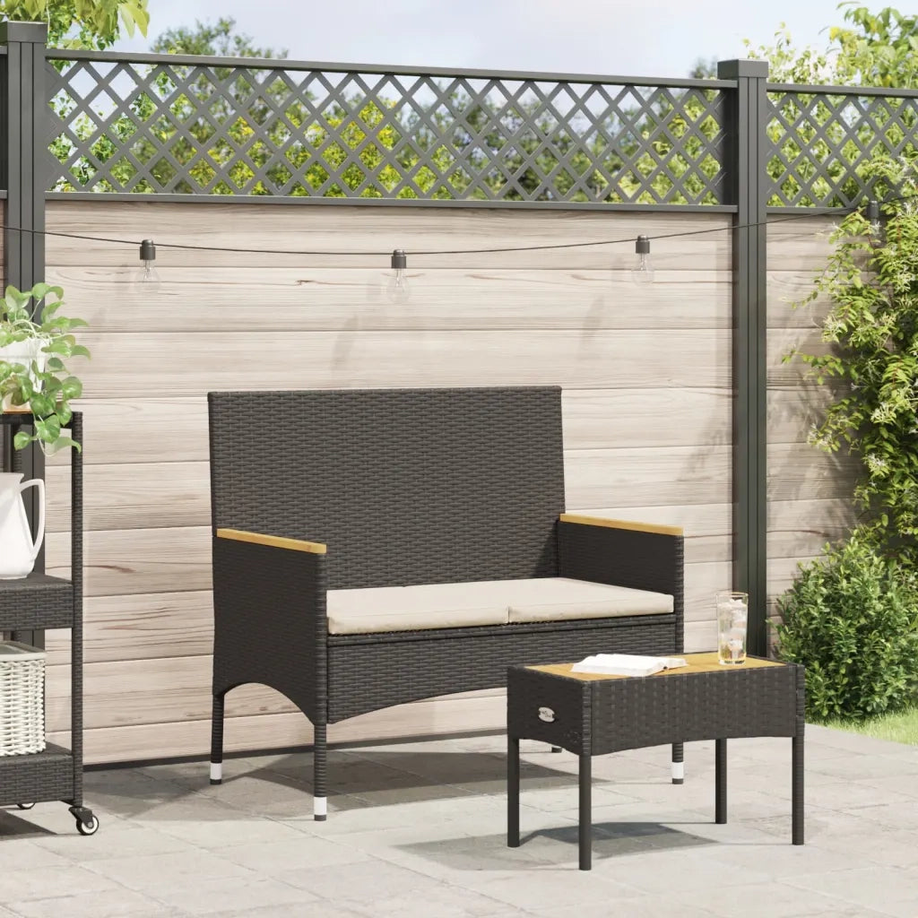 Panca da Giardino a 2 Posti-Sgabello-Panca da esterno Cuscini e Tavolo Nera in Polyrattan