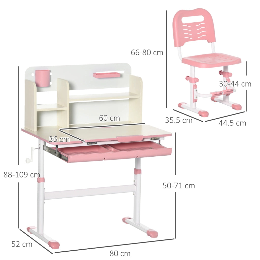 Set Scrivania e Sedia per Bambini da 3 Anni Regolabile Tavolo Inclinabile a 60° con Cassetto e Ripiani in PP e Acciaio