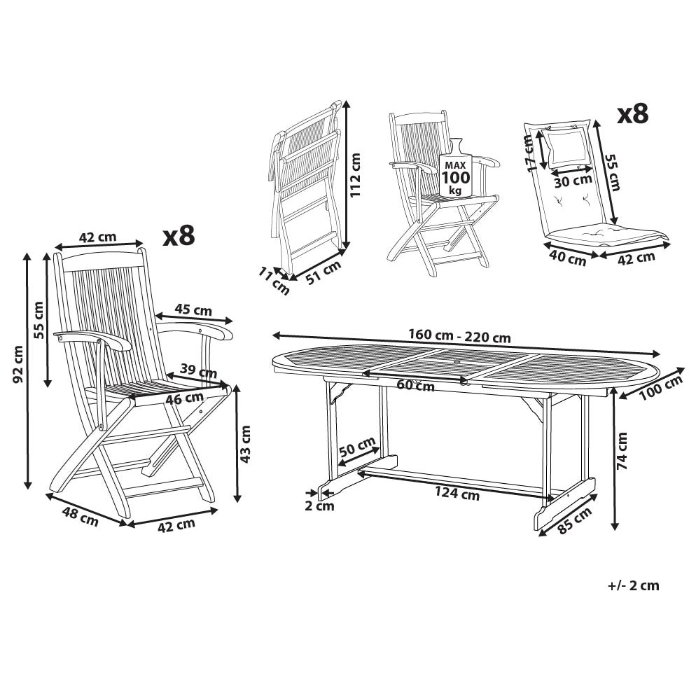 Set da pranzo per esterni in legno di acacia chiaro con cuscini bianco sporco tavolo a 8 posti sedie pieghevoli design rustico