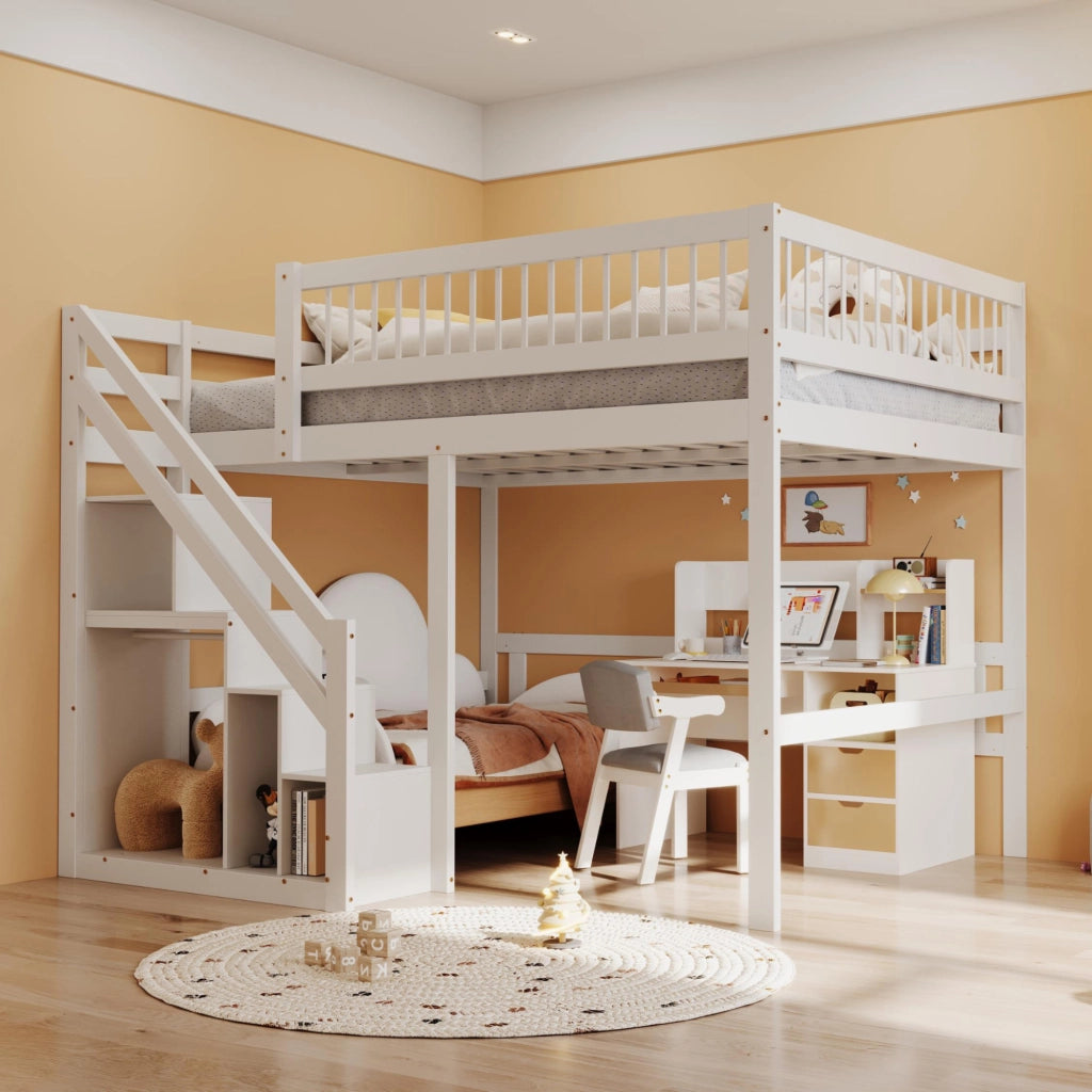 Letto a Soppalco Matrimoniale con Scala Contenitore e Sponda Alta; 140×200 cm; senza Materasso; Bianco