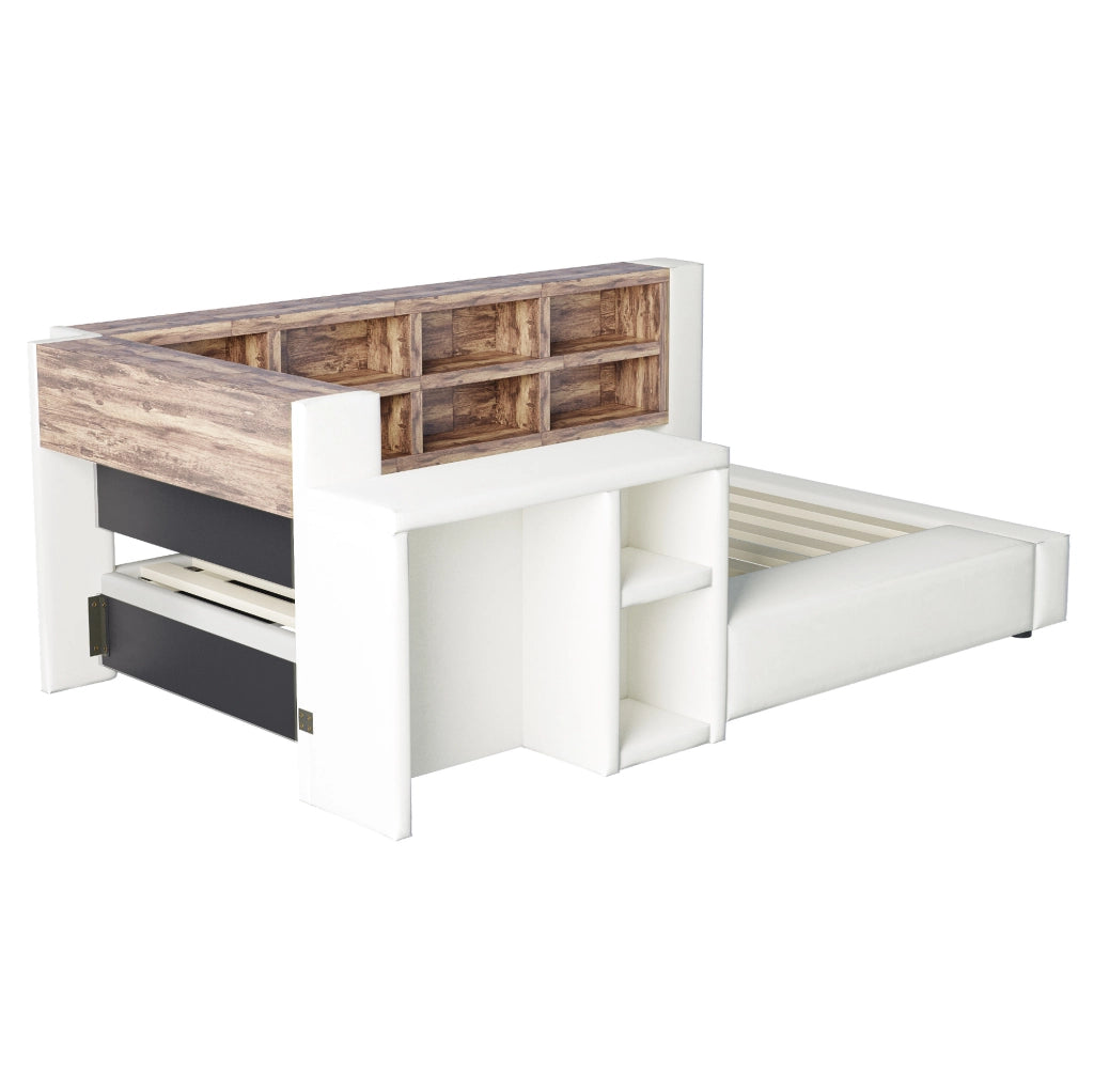 Letto imbottito 90x200 cm con contenitore; LED; prese integrate e comodino laterale; beige