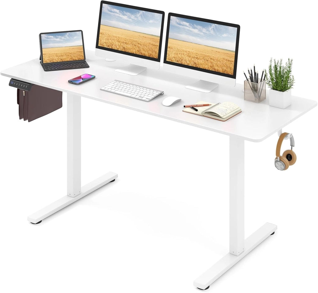 Scrivania da seduta in piedi elettrica 160 x 60 cm, scrivania regolabile in altezza 71,5 – 116,5 cm, sistema anti-collaudo, 2 ganci per appendere, fori per cavi, bianco