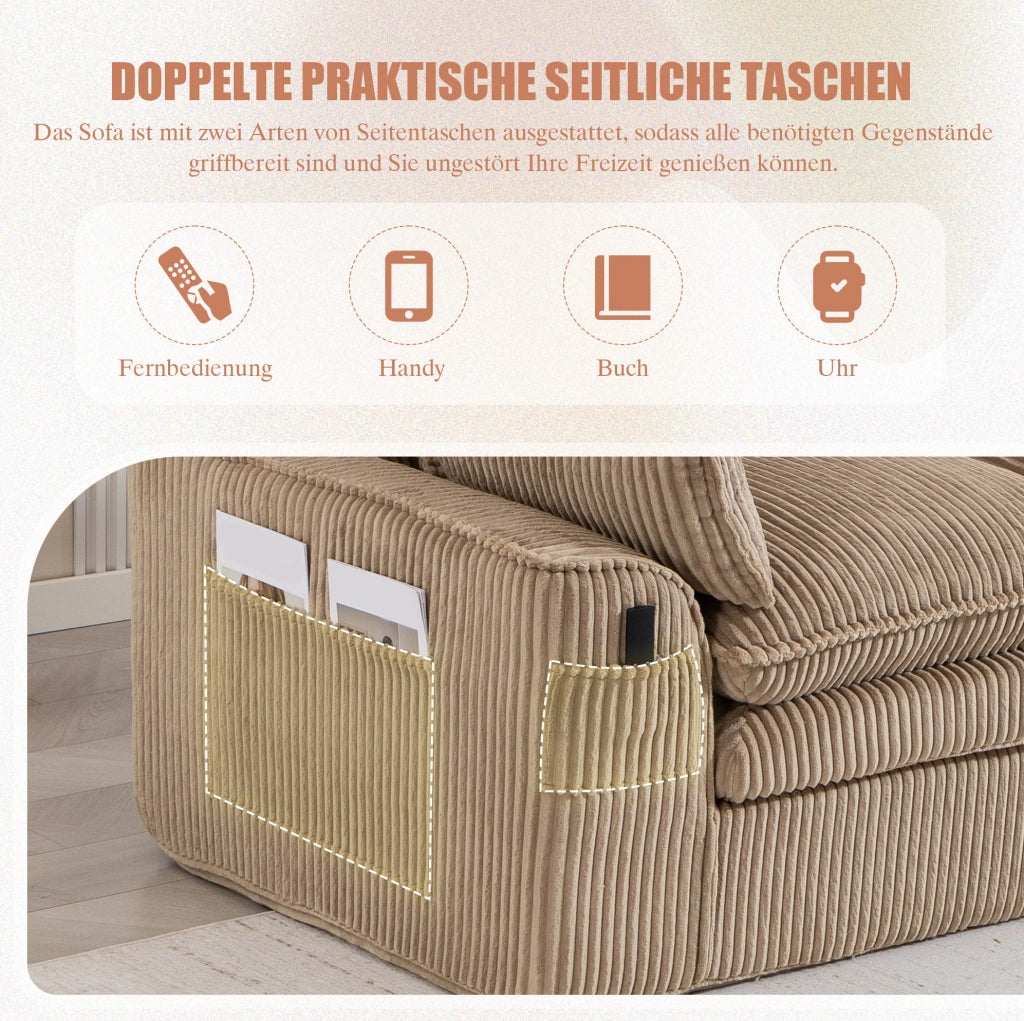 Divano modulare 4 posti in corduroy khaki con tasche laterali e cuscini; 335 x 167 x 85 cm