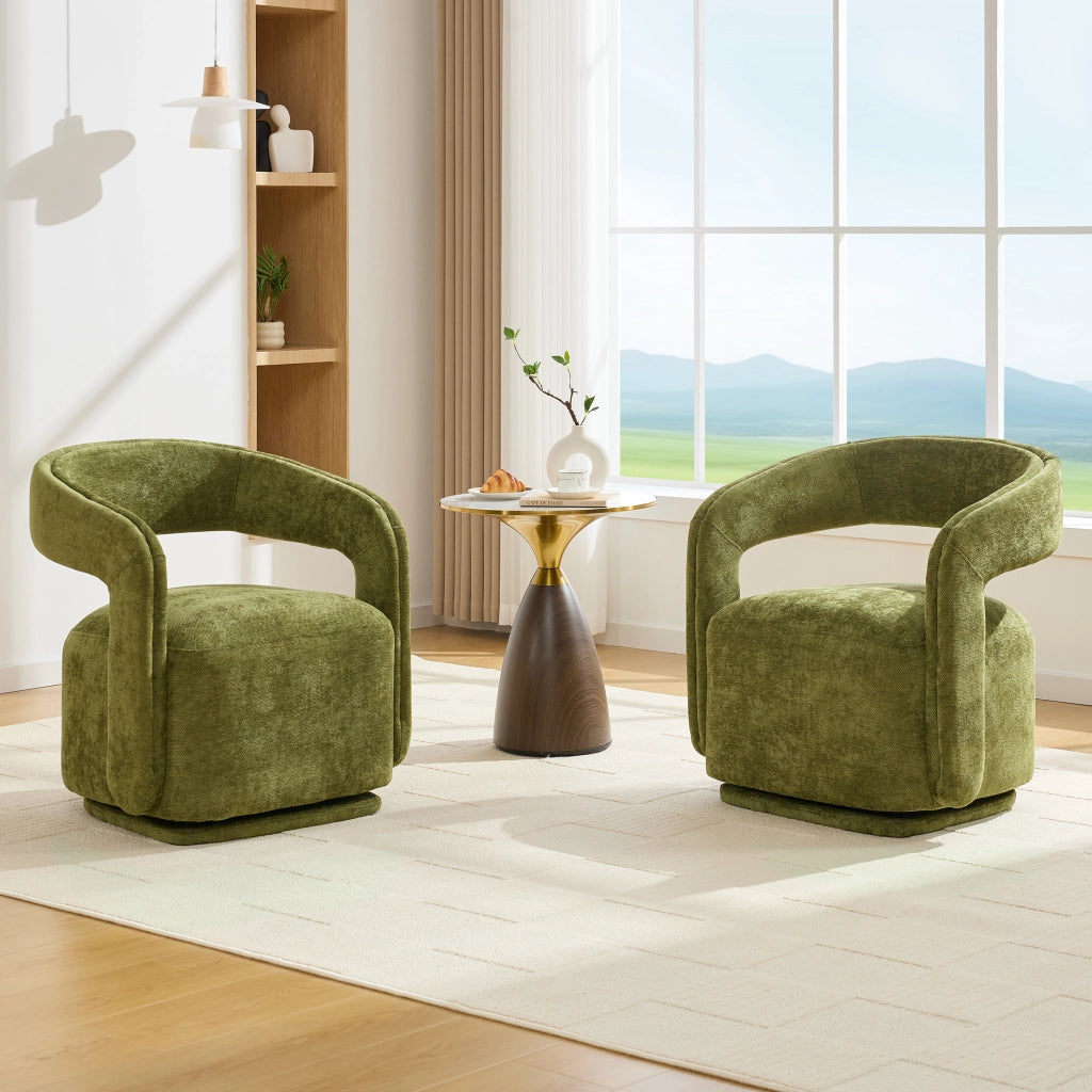 Poltrona girevole 360° in chenille con schienale ergonomico e base robusta verde per soggiorno e lettura moderna
