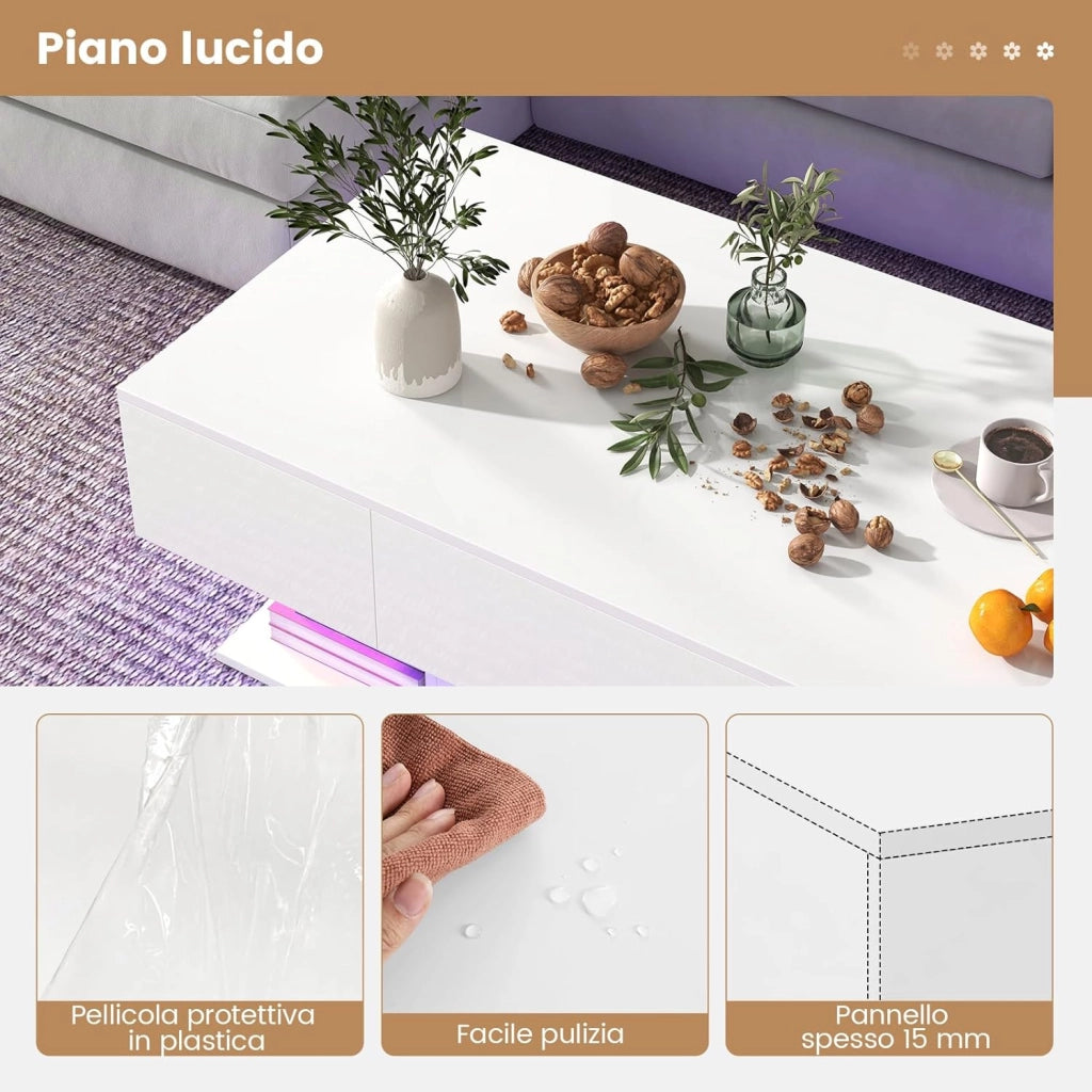 Tavolino da Caffè Moderno, Tavolino a 2 Piani con 20 Luci LED a Colori, 2 Cassetti Portaoggetti e Finitura Lucida, Tavolino Rettangolare per Salotto, Studio e Camera da Letto (Bianco)