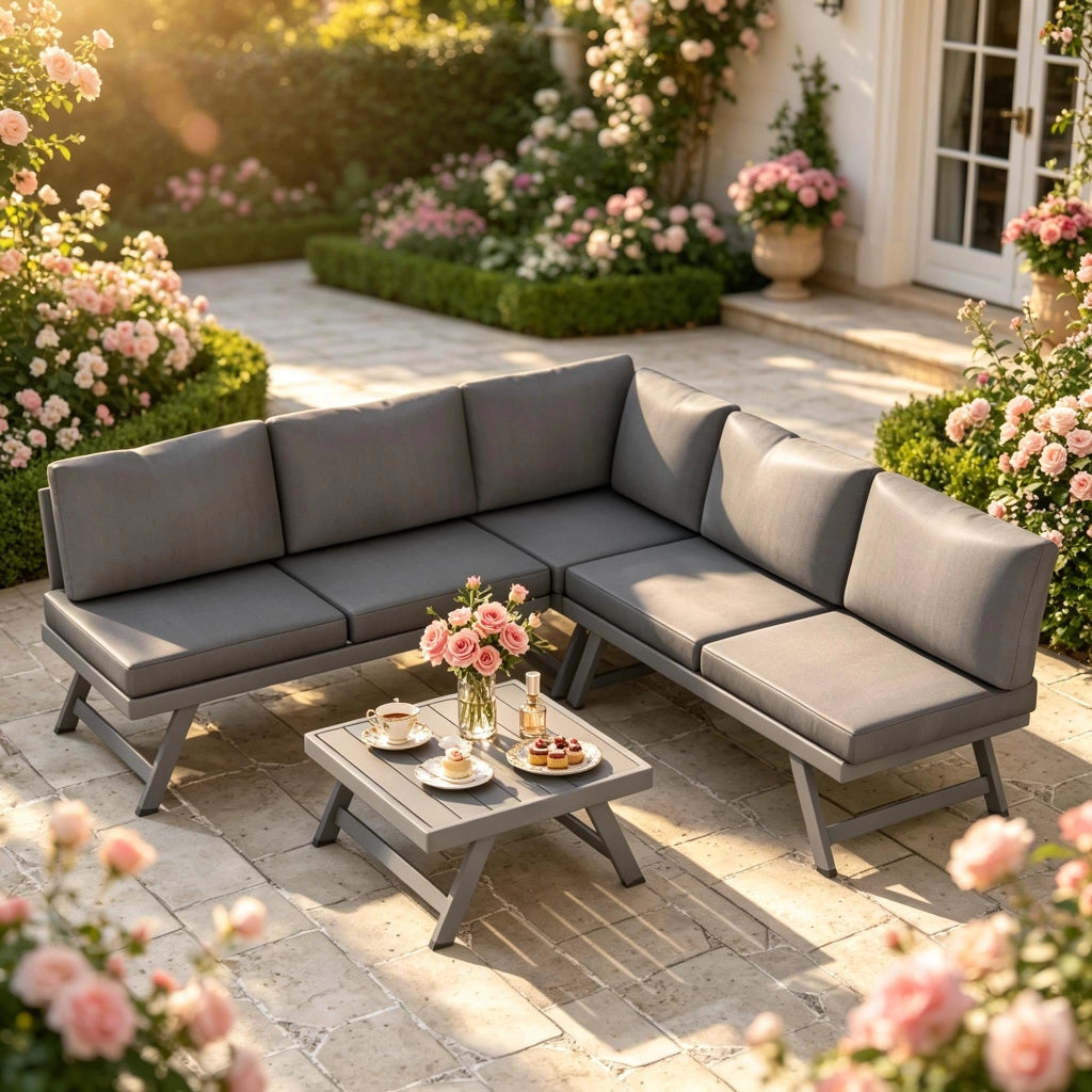 Set lounge da giardino 4 pezzi 5 posti in acciaio e alluminio grigio con cuscini e funzione reclinabile