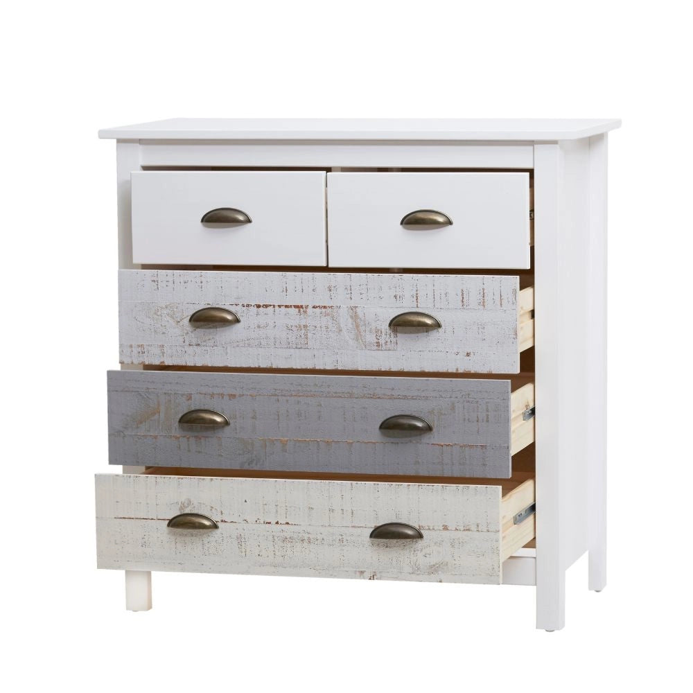 Comò in legno massiccio bianco grigio e crema Romantica 79x40x80H – Eleganza Naturale con 5 cassetti