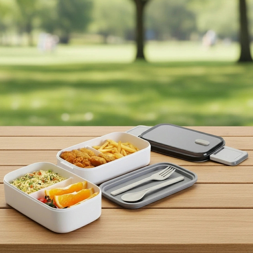 Contenitore per alimenti a doppio scomparto a 2 livelli con coperchio ermetico Bianco / Grigio Cheffinger