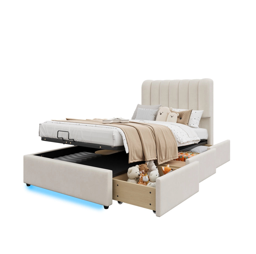 Letto contenitore 90x200 cm con cassetti e LED in velluto beige
