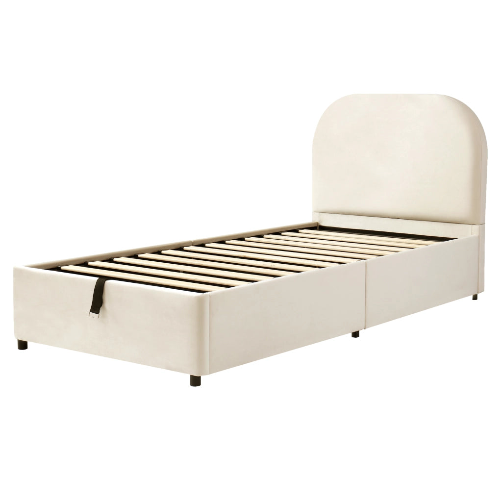 Letto per Bambini 90 x 200 cm; Contenitore; con Testiera Imbottita; in Velluto Beige