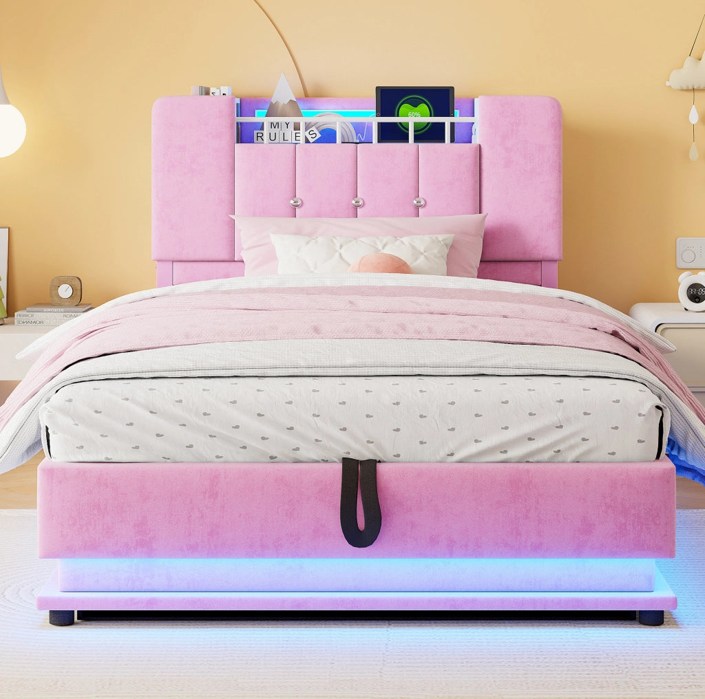 Letto imbottito per bambini 90x200 cm con LED, USB e contenitore rosa