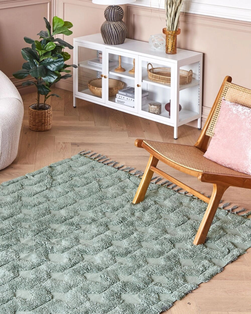 Tappeto cotone trapuntato verde con nappe 140 x 200 cm stile boho soggiorno
