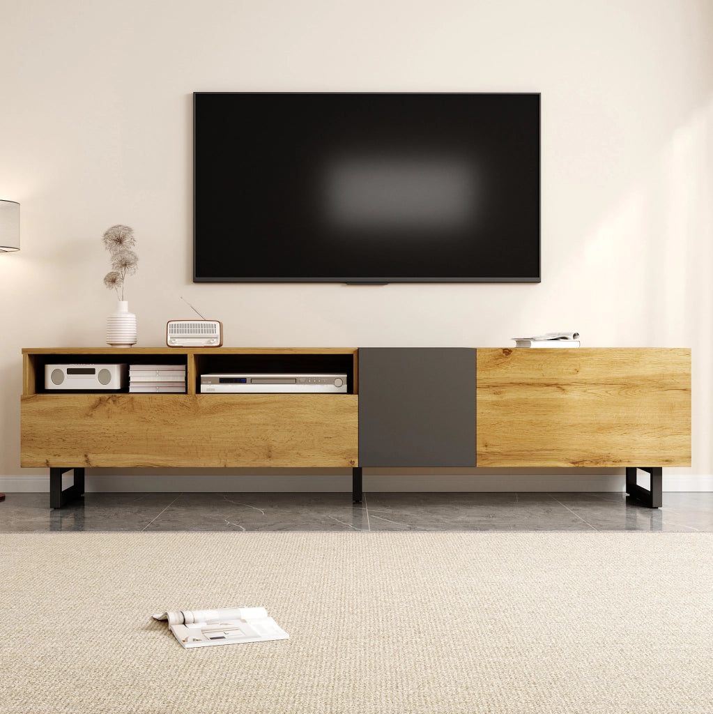 Mobile TV 170 cm in legno e grigio scuro con 3 ante e 2 vani aperti