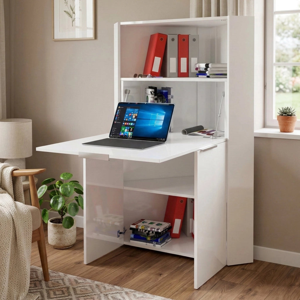 Akiro, Scrivania Modulabile Made in Italy, 70x35x140h cm Bianco Lucido