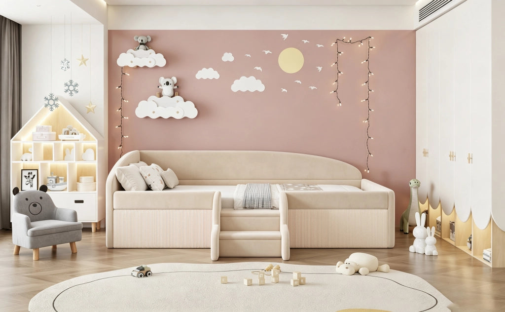 Letto per bambini 90 × 190 cm con scalini antiscivolo, sponde di sicurezza, senza materasso, beige