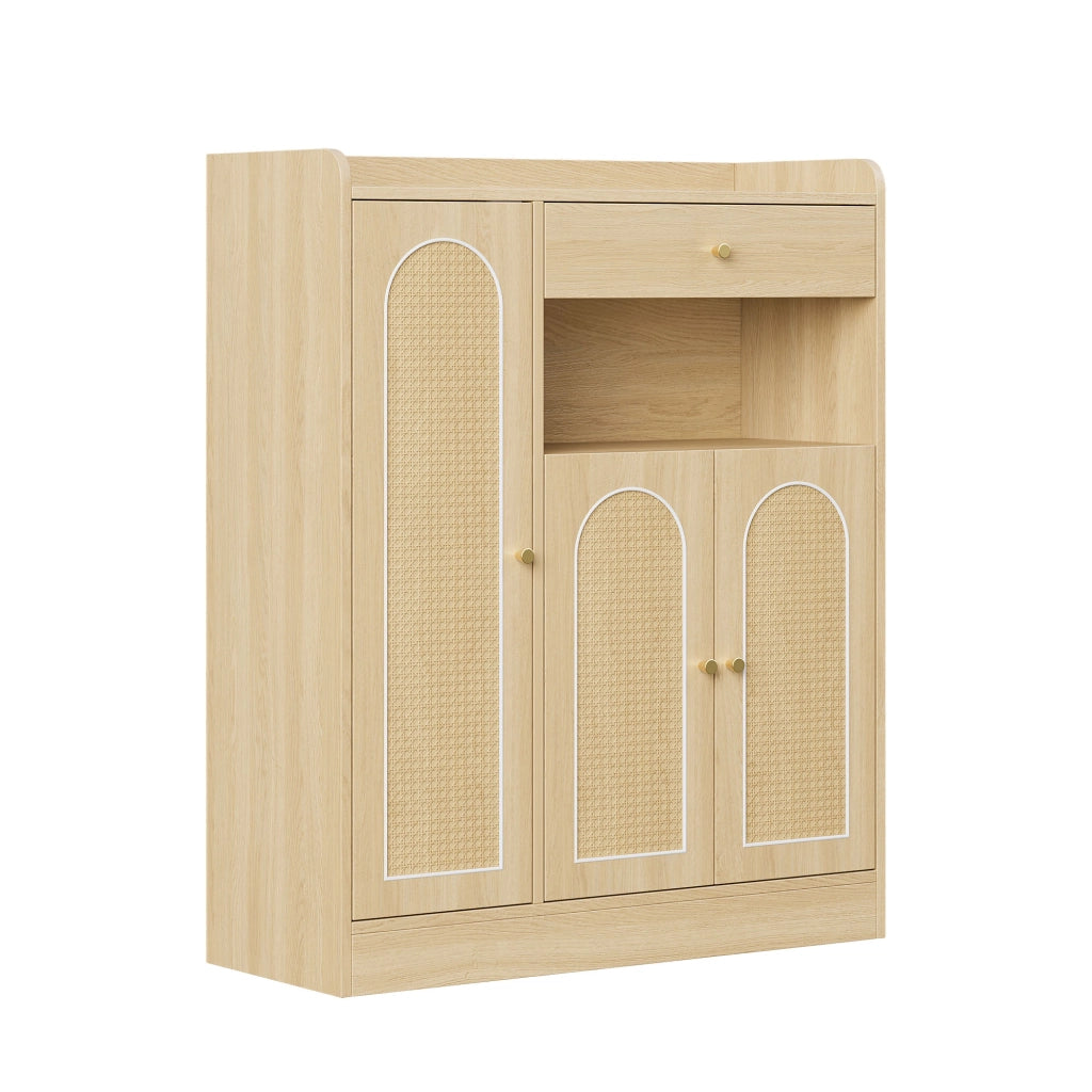 Armadio portascarpe in rattan con 1 cassetto e 3 ante, struttura in MDF e truciolare, colore naturale, 90 x 35 x 110 cm