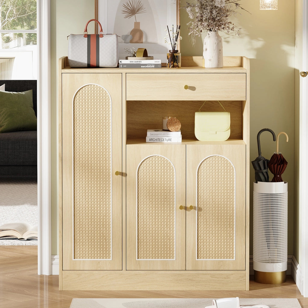 Scarpiera in rattan con 3 ante e ripiani regolabili, per ingresso e sala da pranzo, finitura naturale, 90 × 35 × 110 cm