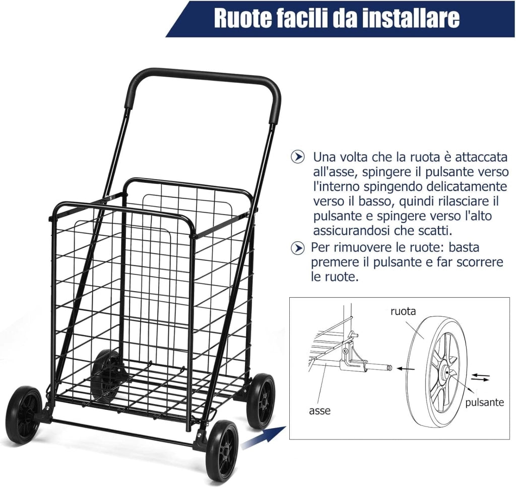 Carrello Portaspesa Pieghevole, Carrello Spesa con Ruote, Capacità di Carico: 45 kg, 83L, 57 x 58 x 91 cm (Nero)