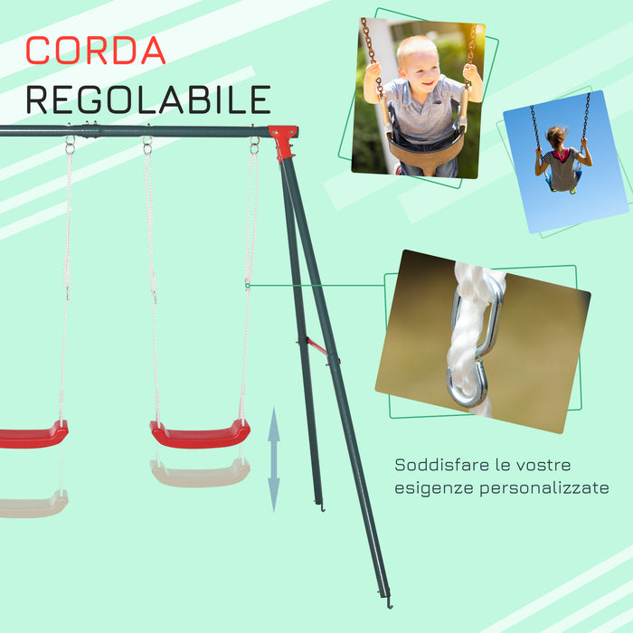 Altalena Doppia Altalena da Giardino 239x156x180 cm per Bambini 3+ Anni in Metallo e PE Verde Rosso