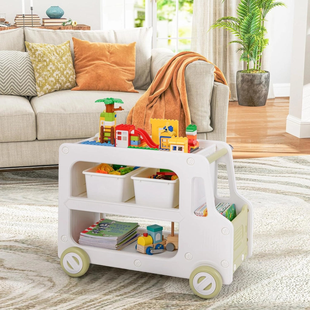 2 in 1 Organizzatore per Bambini, Armadietto Giocattoli a Forma di Auto con Struttura Sicura e 2 Cesti Portaoggetti, Scaffale Apribile a 2 Livelli, Pannello per Costruzioni