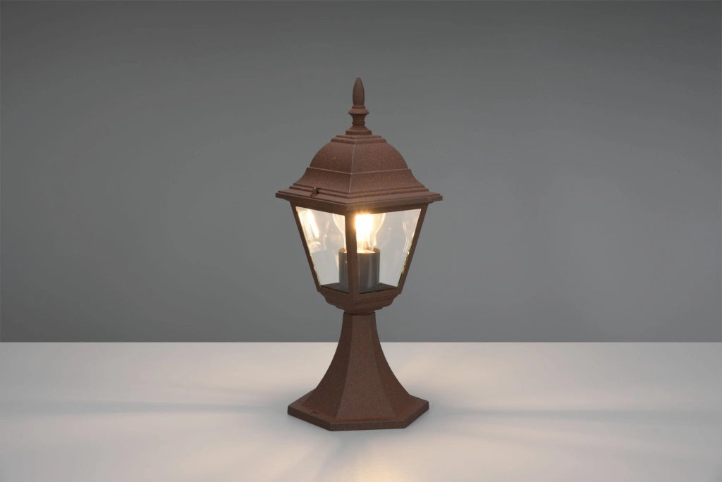 LIVENZA PALO SEGNAVIALI DA ESTERNO 4 LATI FUSIONE DI ALLUMINIO RUGGINE E VETRO TRASPARENTE H. 36,5CM IP44 1 LUCE ATTACCO E27