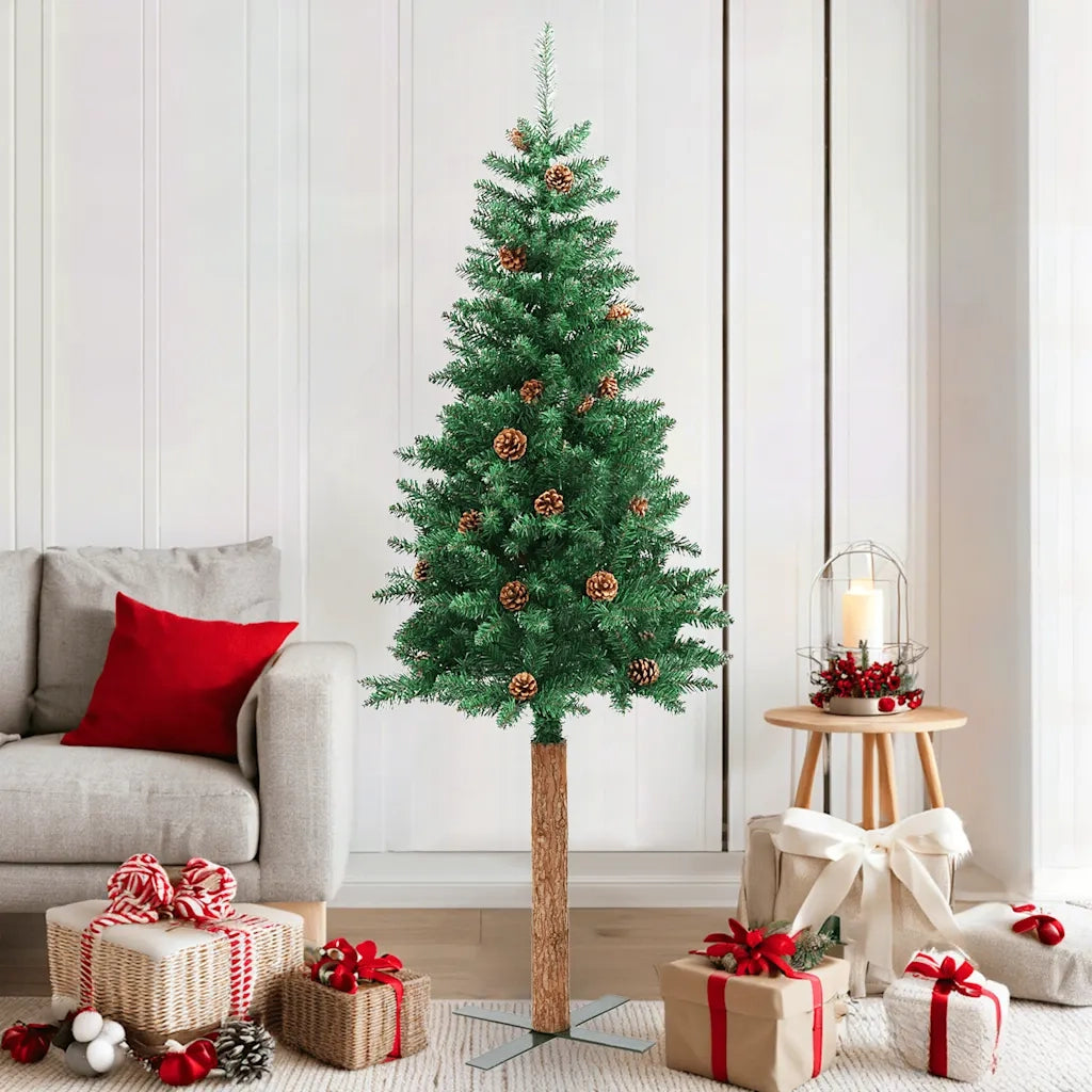 Albero di Natale | Decorazioni natalizie Sottile con Legno Vero e Pigne Verde 180cm PVC