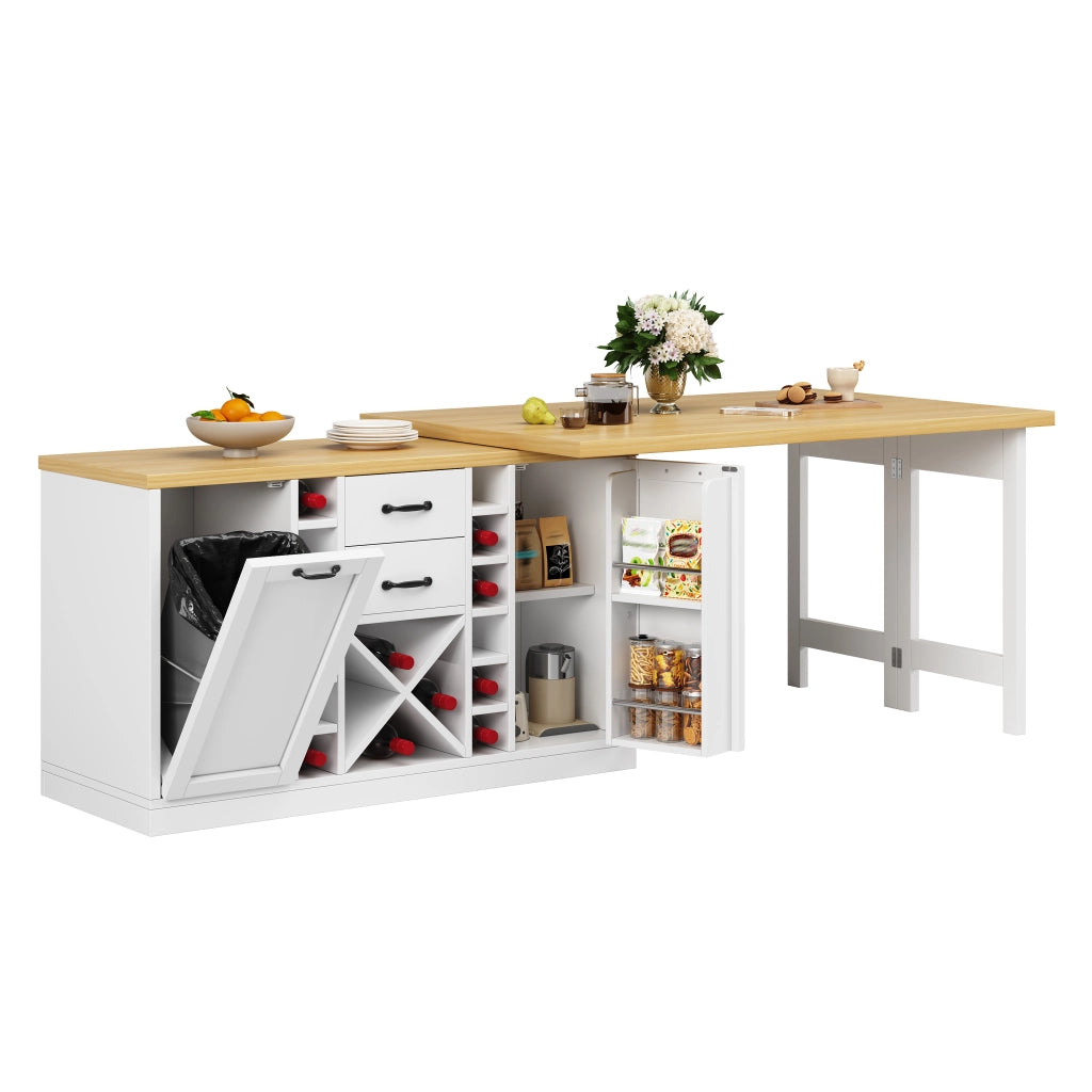 Madia da cucina girevole con 2 cassetti; portabottiglie estraibile e supporto per pattumiera; per cucina; bianco; 120 × 40 × 73.8 cm