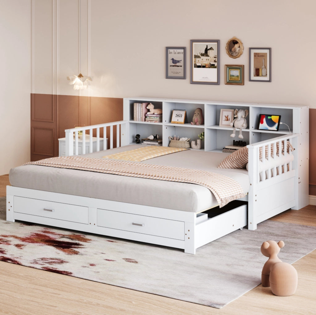 Divano letto 90x190 cm estraibile con contenitore; presa e 2 cassetti legno bianco