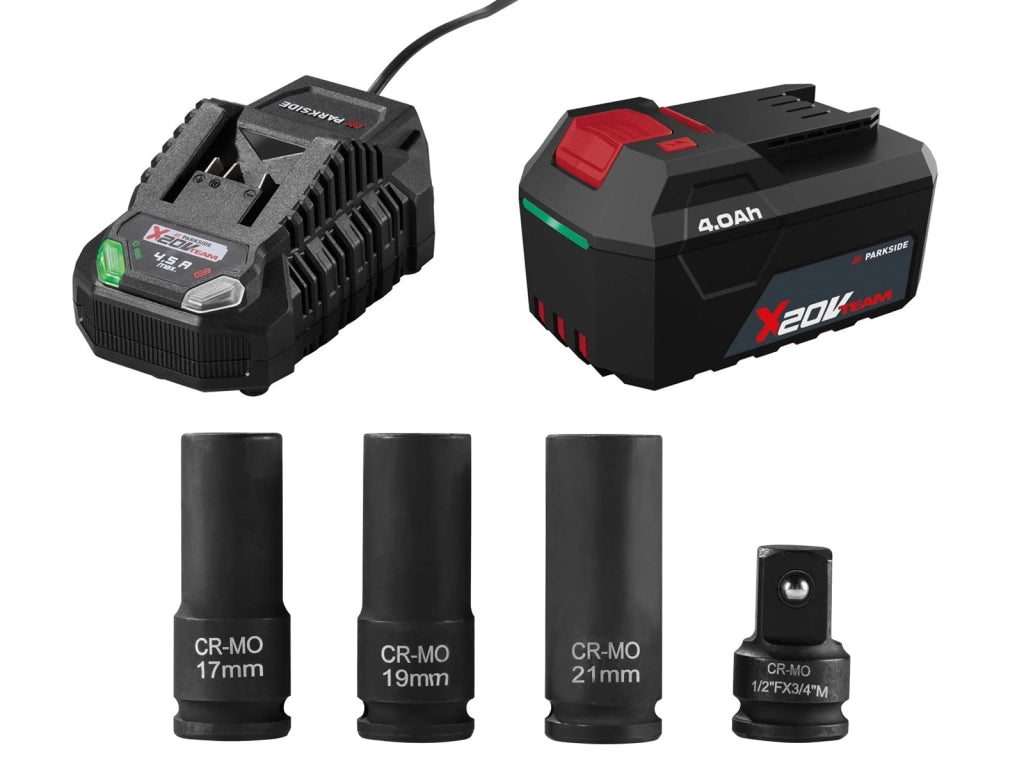 Avvitatore a Impulsi Parkside PERFORMANCE PASSP 20-Li C4 da 130 a 1356 Nm da 20 V con Batteria e Caricabatteria con Bussole Montaggio Gomme - Prodotto Esposto