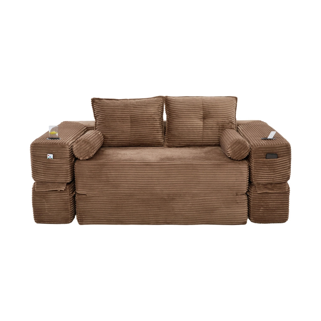 Divano letto multifunzionale in corduroy con tasche laterali, portabicchieri e cuscini memory