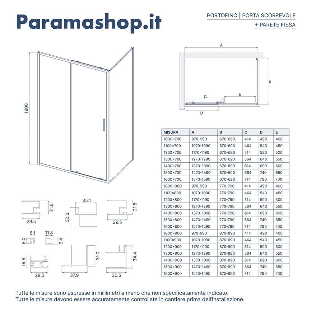 Box doccia slim 70x140cm con porta scorrevole e parete fissa profili nero opaco e vetro 6mm trasparente h190| Portofino