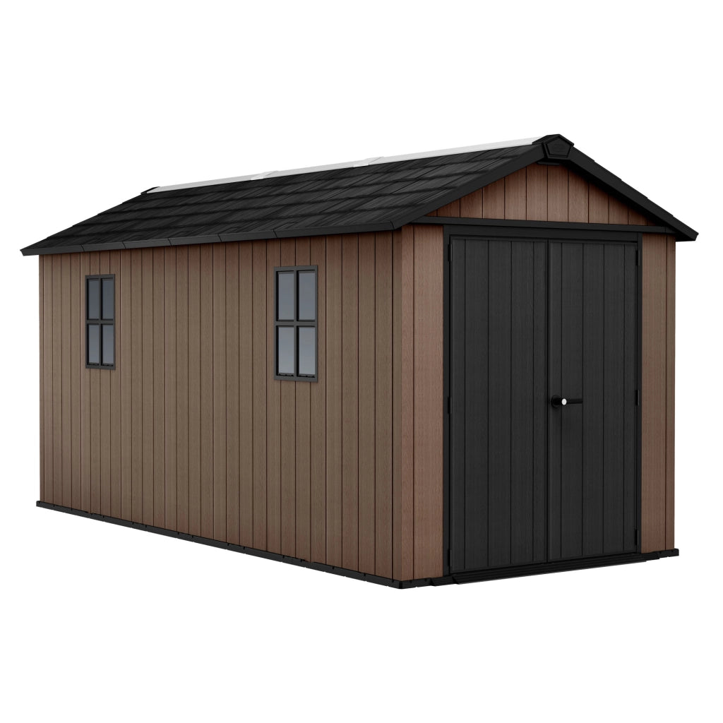 Newton + 7515/1575- Casetta da Giardino 476x246x230 cm 2 Ante per deposito attrezzi finitura effetto legno Evotech+ in Resina Marrone e Nero