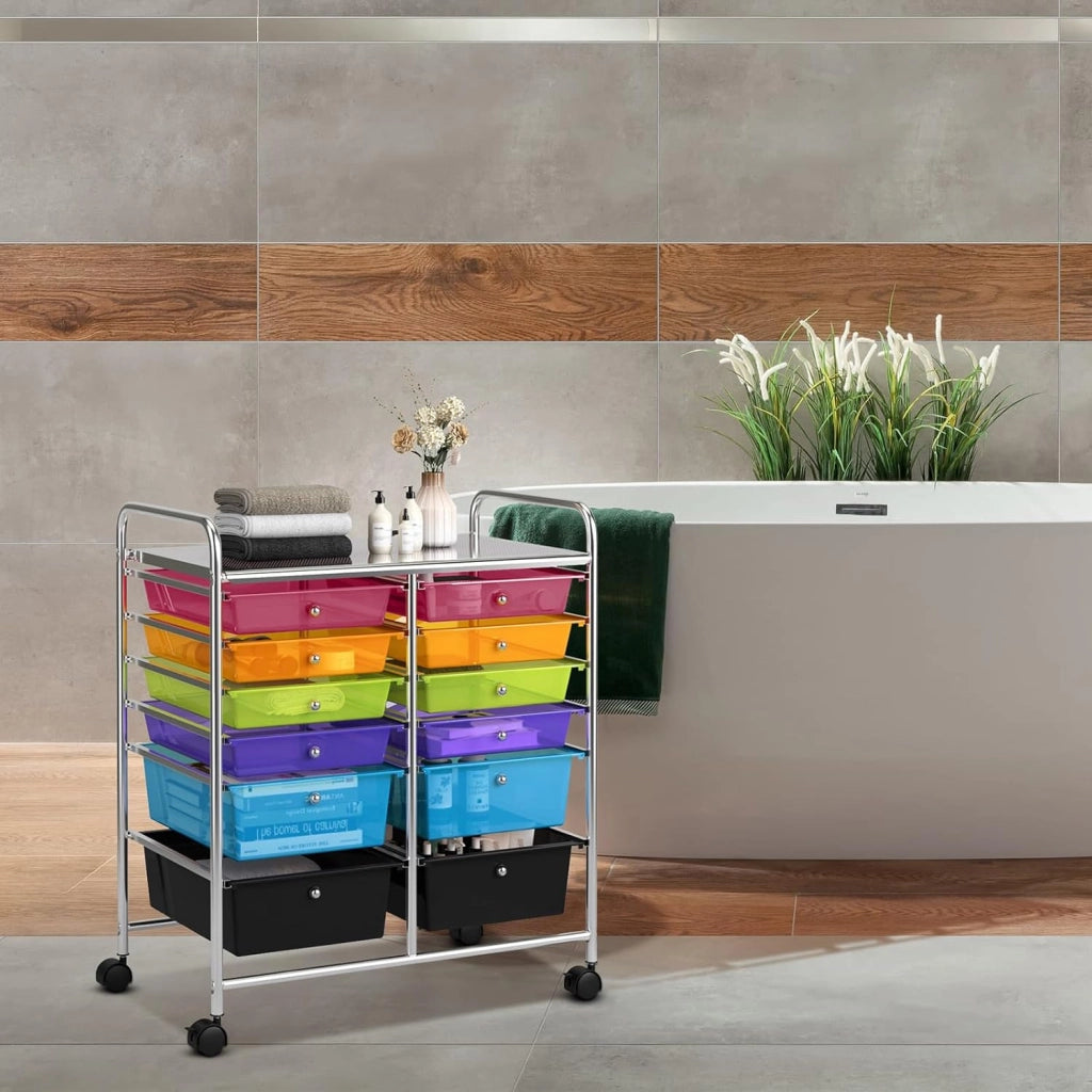 Carrello con 12 Cassetti con Ruote, Carrello di Stoccaggio Multiuso con Ampio Spazio di Archiviazione, Ideale per Casa Ufficio Domestico, 73,5 x 37 x 63 cm (Colorato trasparente)