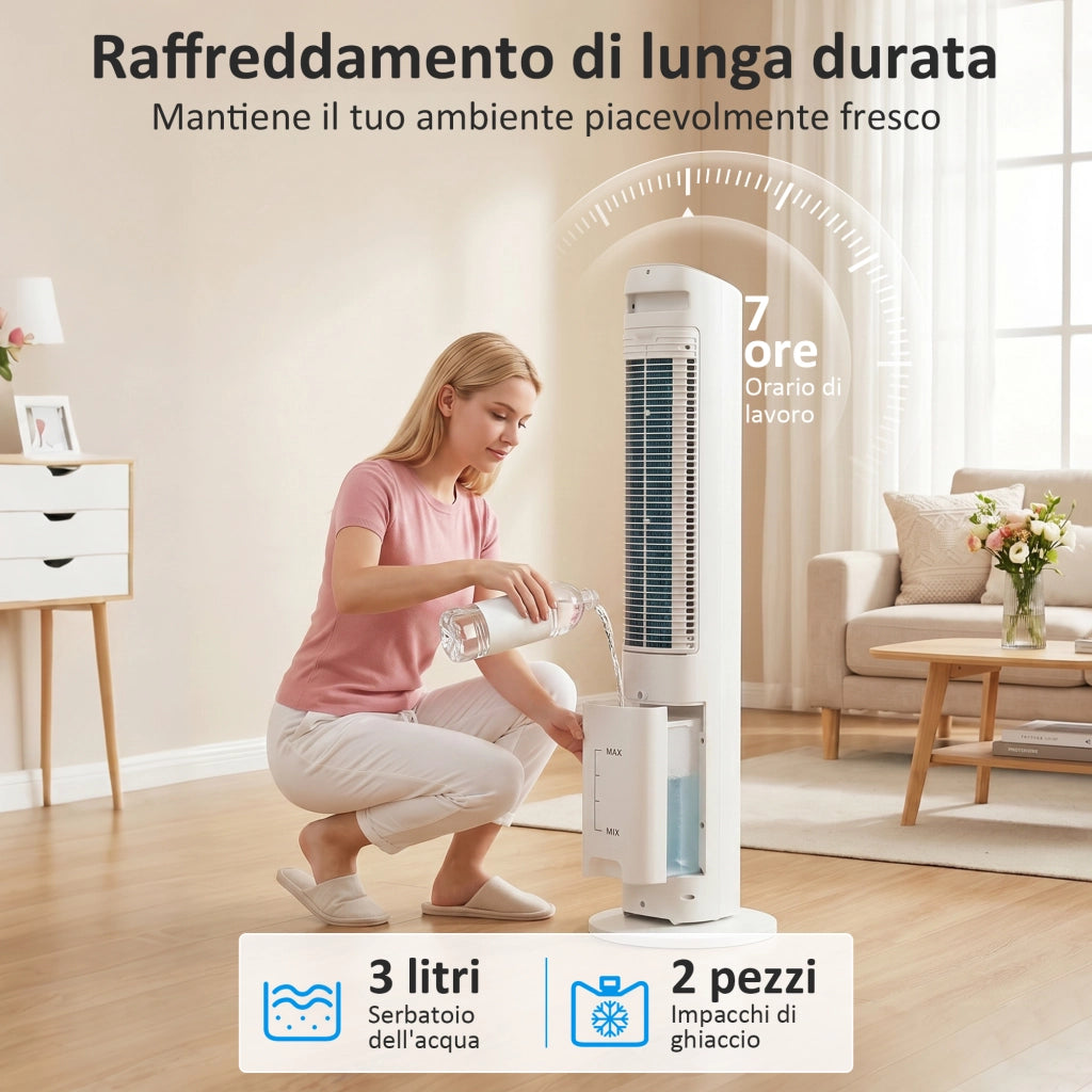 Raffrescatore d'Aria 3-in-1 a Torre 29x29x 97,5 cm Serbatoio 3 Litri con Telecomando in PP Bianco