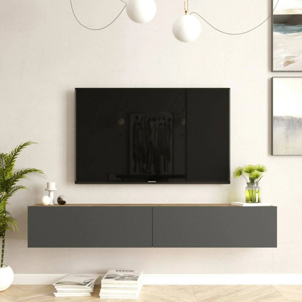 Mobile porta TV Pavone, Credenza da soggiorno, Armadio basso per TV, Base parete attrezzata, 180x32h30 cm, Quercia e Antracite